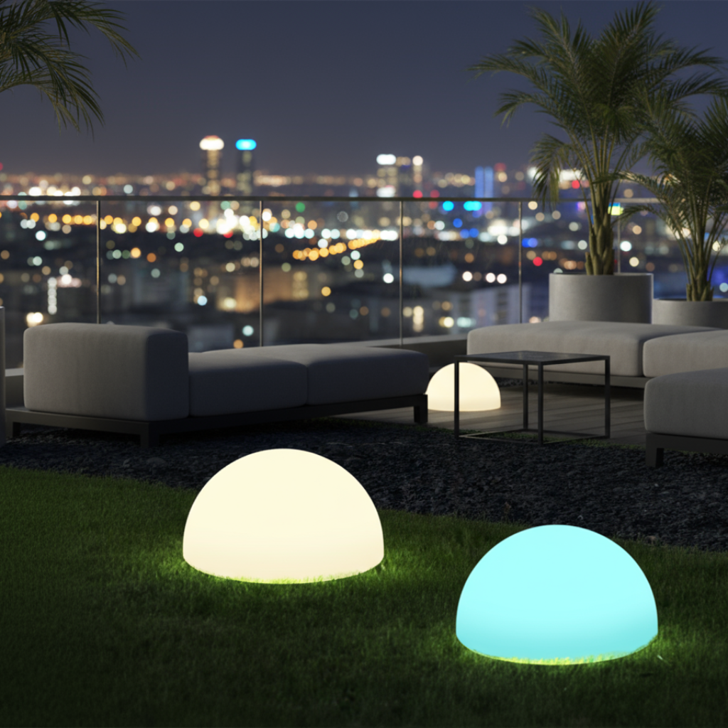 Outdoor patio with glowing spherical lights and city skyline view