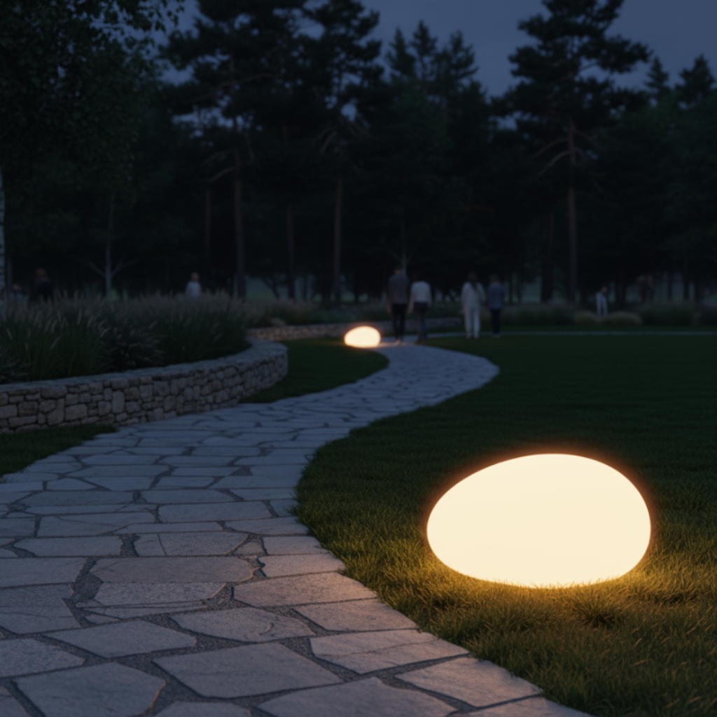 Glowing spherical outdoor lights on a stone pathway in a park at night.