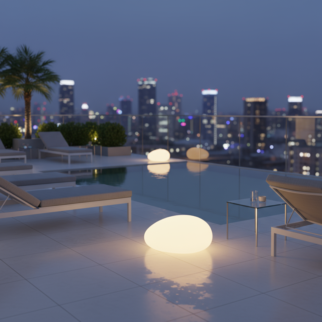 Evening scene at a rooftop pool with city skyline in the background