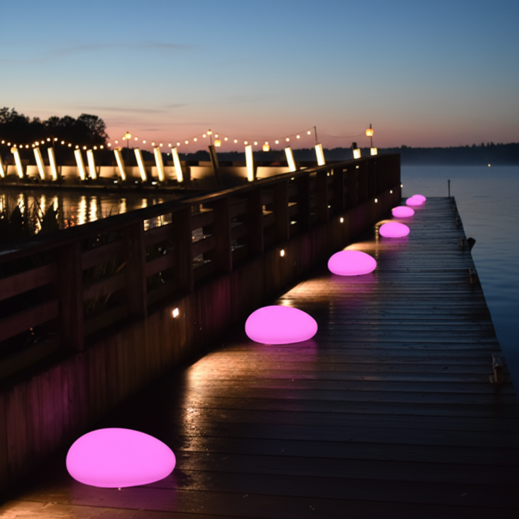 Pink illuminated lights on a dock at dusk with a scenic background