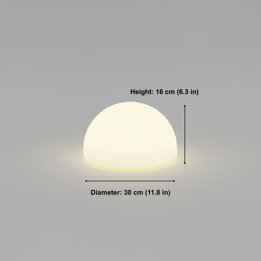 White spherical lamp with measurements on a gray background