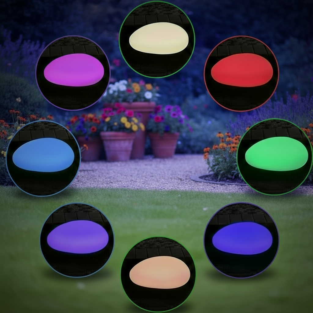 Color-changing lights in various colors on a garden background