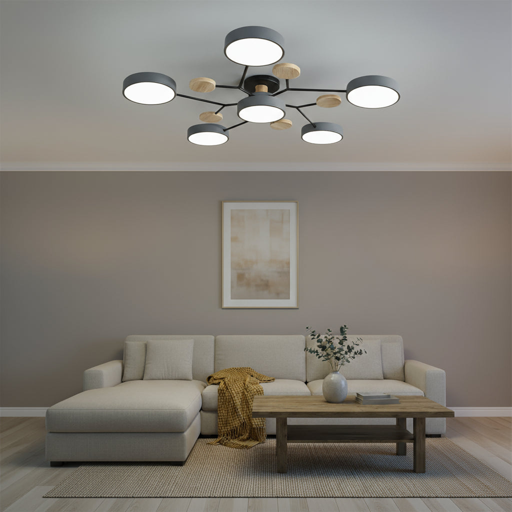 Modern living room with a chandelier, sofa, and coffee table.