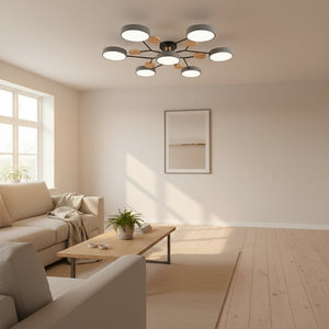 Modern living room with a ceiling light fixture, beige sofa, and wooden coffee table.