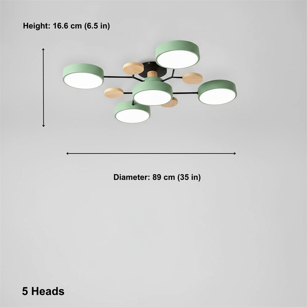 Ceiling light fixture with dimensions on a gray background