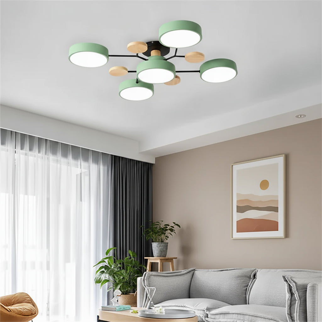Modern living room with a ceiling light fixture, gray sofa, and decorative wall art.