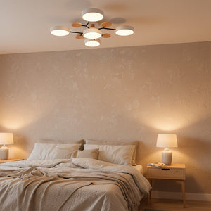 Modern bedroom with ceiling light fixture, bed, and side tables.