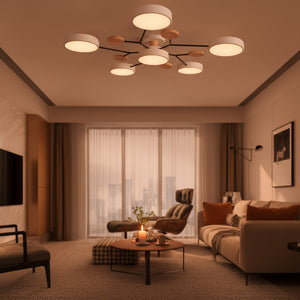 Modern living room with a chandelier, sofa, and coffee table.