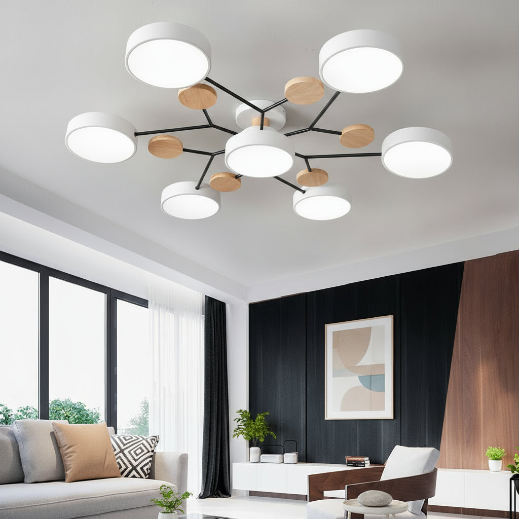 Modern chandelier in a living room with a sofa and decor