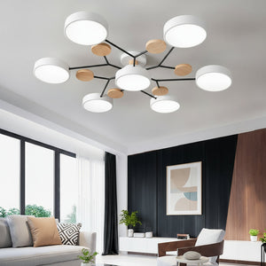 Modern chandelier in a living room with a sofa and decor