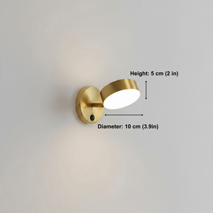 Gold wall light fixture with measurements on a gray background