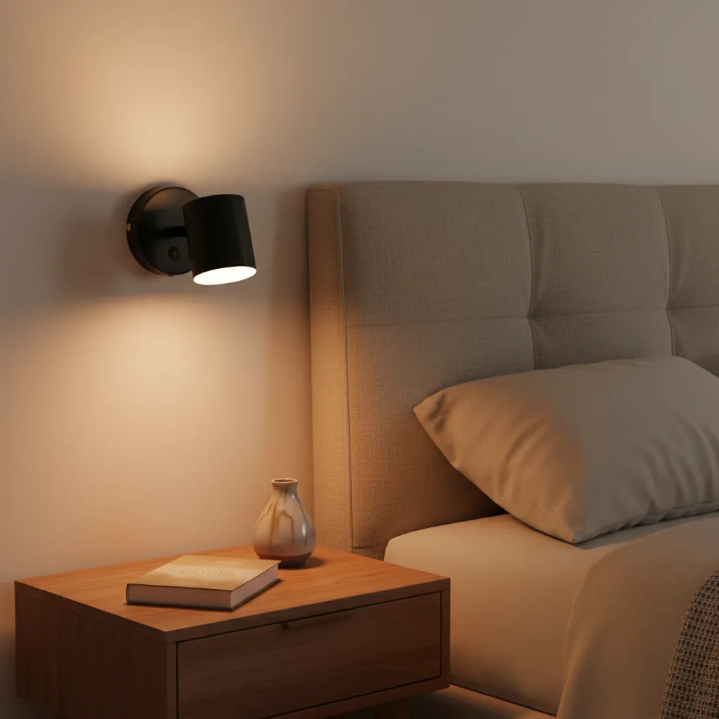 Bedroom scene with a nightstand, lamp, and bed.