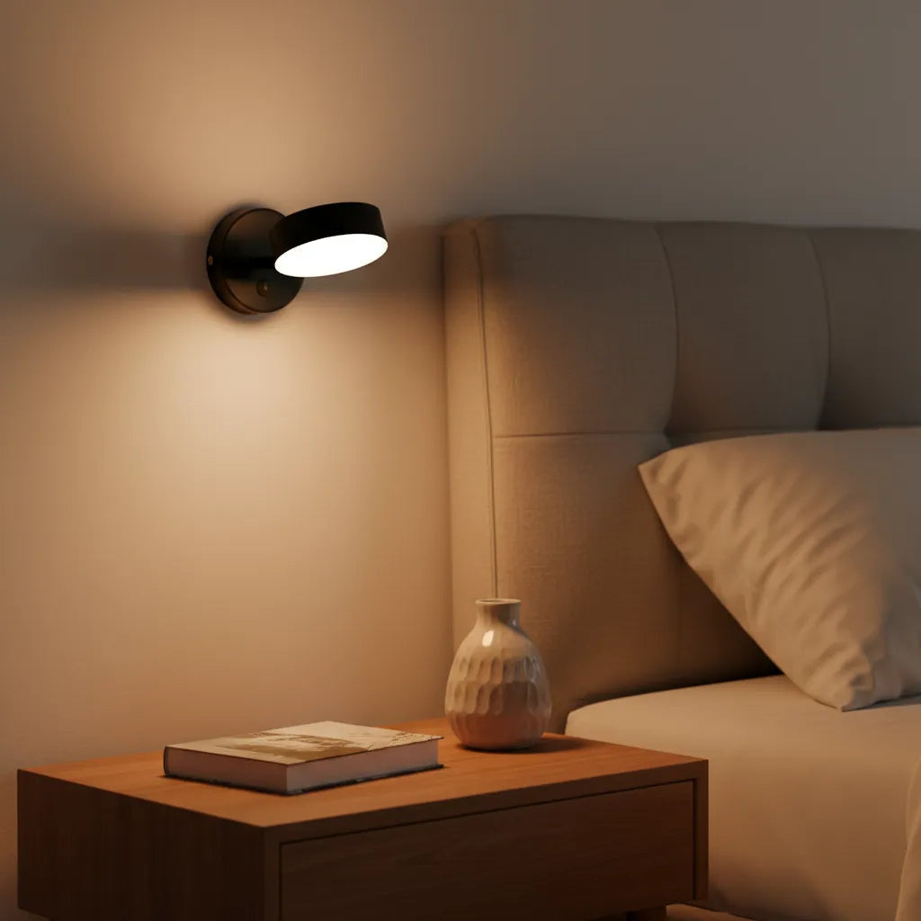 Wall-mounted light fixture in a bedroom with a bed and nightstand.