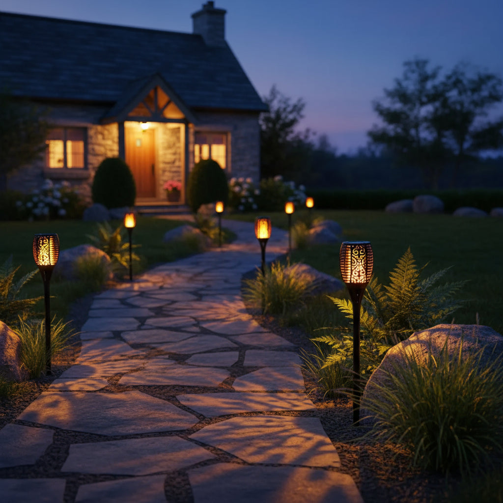 Pathway leading to a house with decorative outdoor lights at dusk.