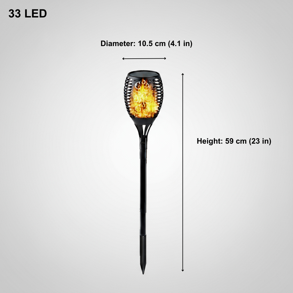 Solar lamp with flame design and measurements on a white background