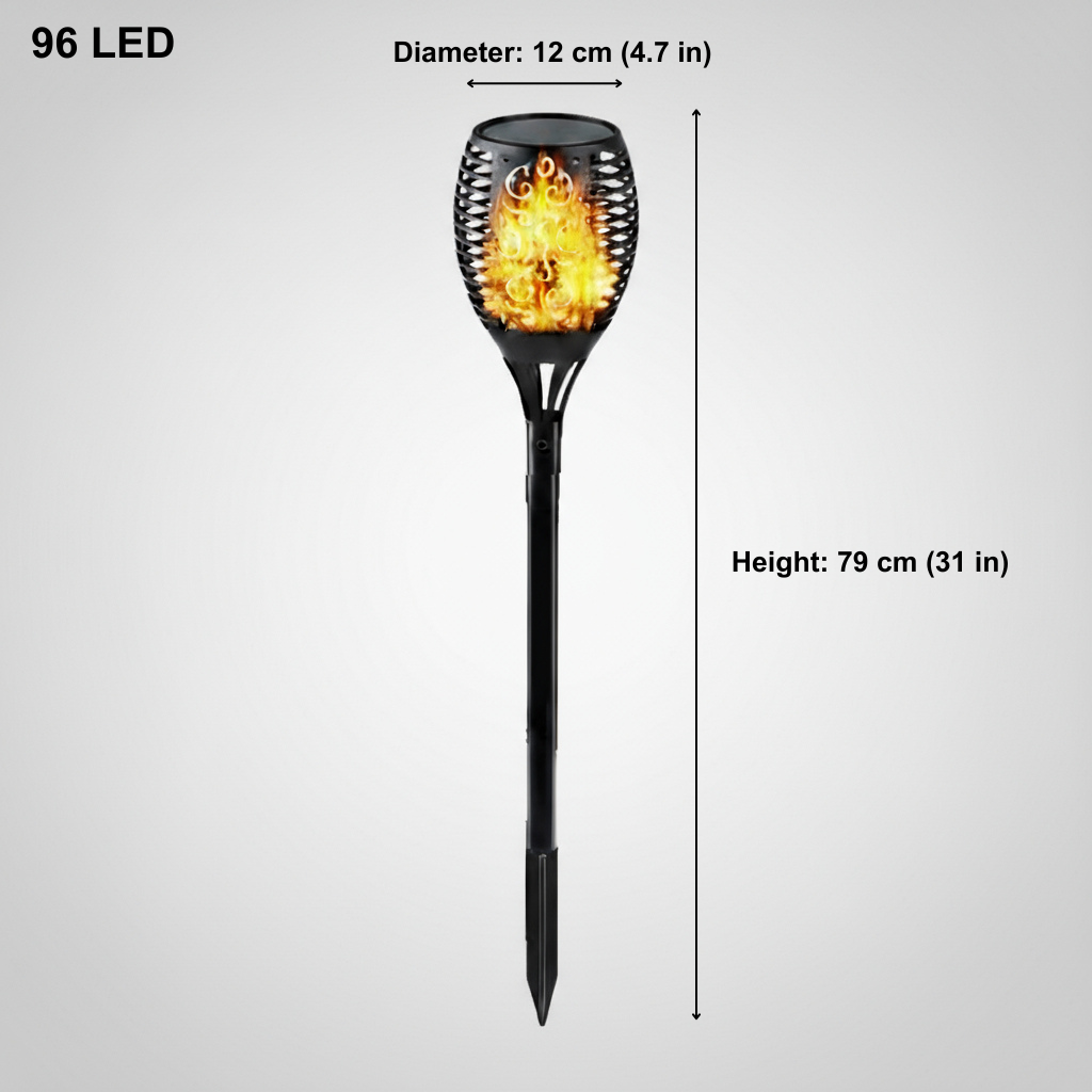Solar lamp with flame design and measurements on a gray background