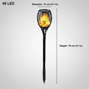 Solar lamp with flame design and measurements on a gray background
