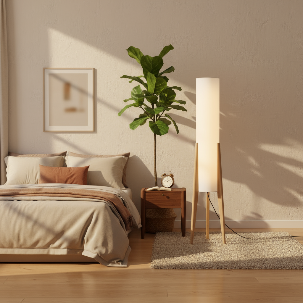 Modern bedroom with bed, plant, lamp, and side table.