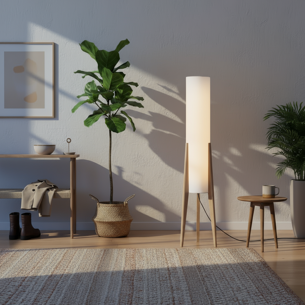 Modern interior with a potted plant, standing lamp, and small table.