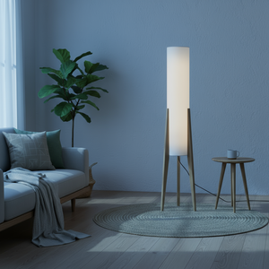 Modern living room with a floor lamp, sofa, and plant against a blue wall.