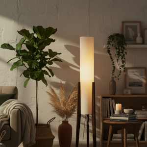 Cozy living room with a plant, lamp, and books on a shelf.